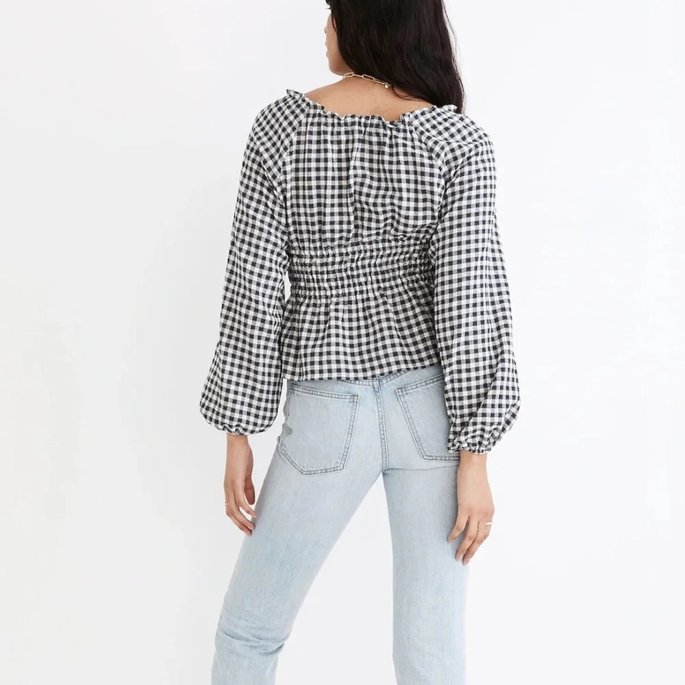 Madewell Black and White Gingham Smocked Peplum Blouse